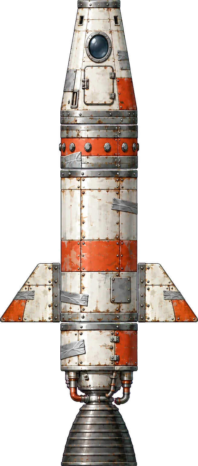 A rocket built from game parts: a riveted white crew capsule, an orange-banded decoupler, a fuel tank patched with silver tape and fitted with two fins, and a sea-level engine.